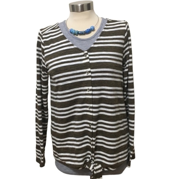 Brown & White Striped Tie Button Down Blouse - Picture 1 of 5